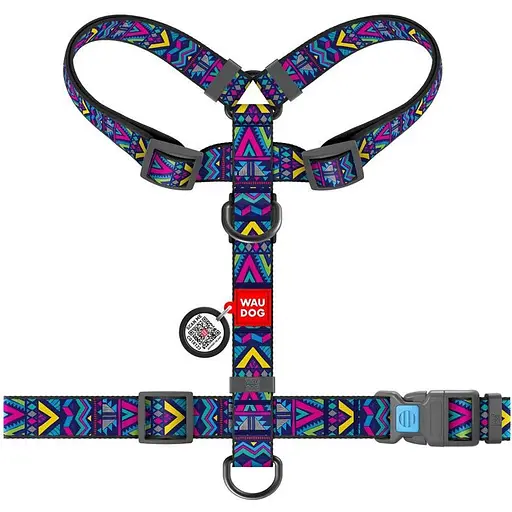 Шлейка для собак Waudog Nylon анатомическая H-образная с QR-паспортом, рисунок "Инди", пластиковый фастекс, М - фото 2