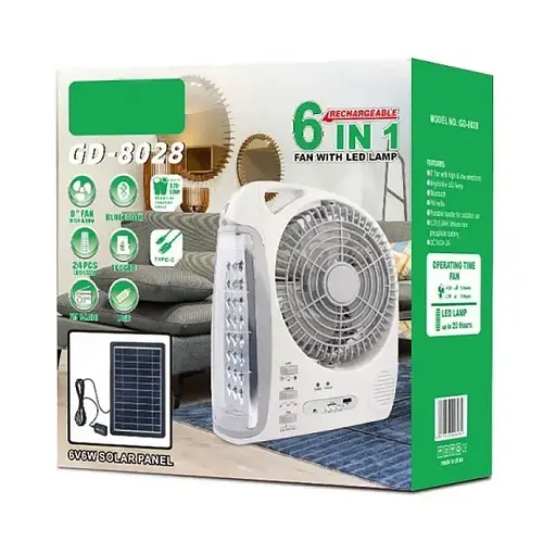 Вентилятор портативний GD-8028 N283 8" LED лампа, радіо, сонячна панель 10Вт Bluetooth USB (2 швидкості)