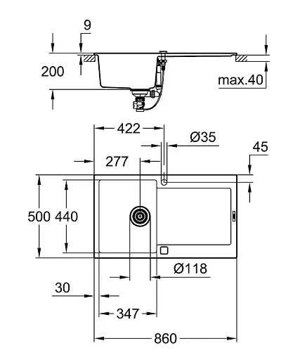 Кухонна мийка Grohe Granite Black 860 х 500 мм 31644AP0, Чорний - фото 2