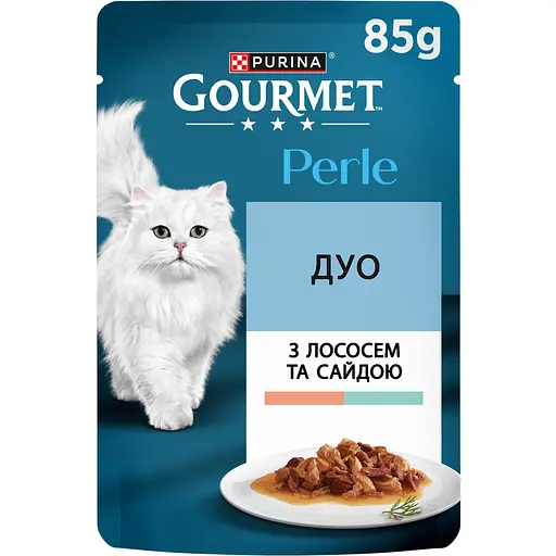 Влажный корм для кошек Gourmet Perle Duo мини филе с лососем и сайдой в соусе 85 г - фото 1