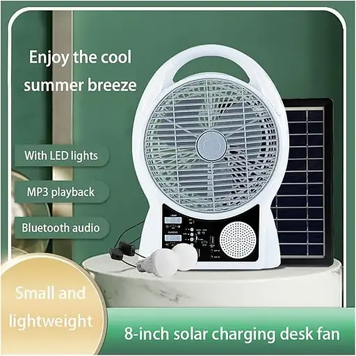 Вентилятор на сонячній батареї N288 8" + 2 LED лампи, радіо (2 швидкості) 6Вт Bluetooth USB 3.2V 5500 мАг - фото 2