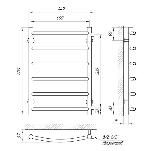 Водяна рушникосушка Laris Класік П6 400x600 бокове підключення 71207591, Хром - фото 2