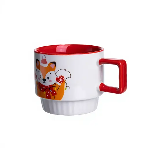 Новорічна порцелянова чашка для чаю та кави з Новорічним лисом 400 мл Білий з червоним Yiwu FM-CS-50L - фото 3