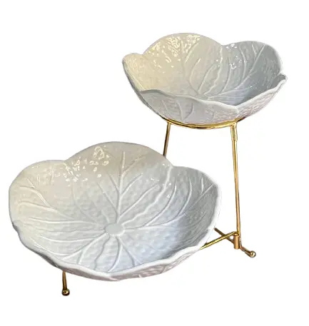 Двухъярусная фруктовница керамическая на металлической подставке 20x25 см Белый - фото 1