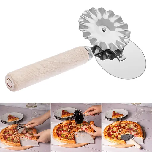 Багатофункціональний з'єднувальний ніж 2 в 1 для піци та тіста з роликом та дерев'яною ручкою 17.5 см, Kitchette 85666 - фото 4