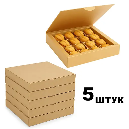 Набор из 5 коробок крафт для 16 конфет, орешков, макаронс, зефира и тарталеток с ячейками 185×185×35 мм подарочная упаковка, Vals Крафт 87907 - фото 4