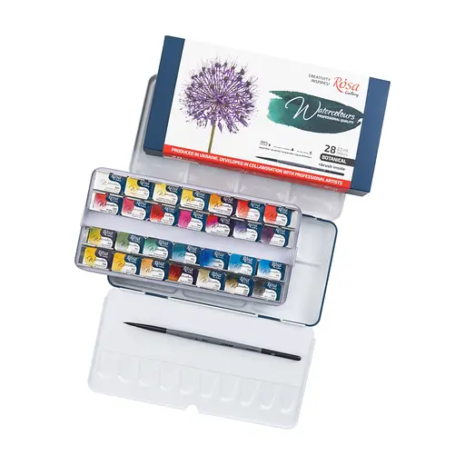 Набір акварельних фарб з пензлем BOTANICAL 28×2.5 мл кювета Індіго металевий пенал Rosa Gallery - фото 3