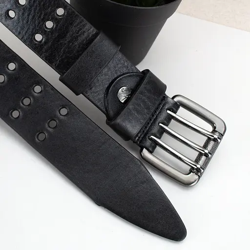 Ремінь чоловічий шкіряний широкий JK-4027 чорний з трьома язичками (125 см) - фото 3