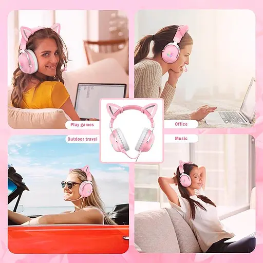 Проводная игровая гарнитура Onikuma Gaming CAT with LED X11, USB, 3.5mm, 2.2m, pink - фото 7