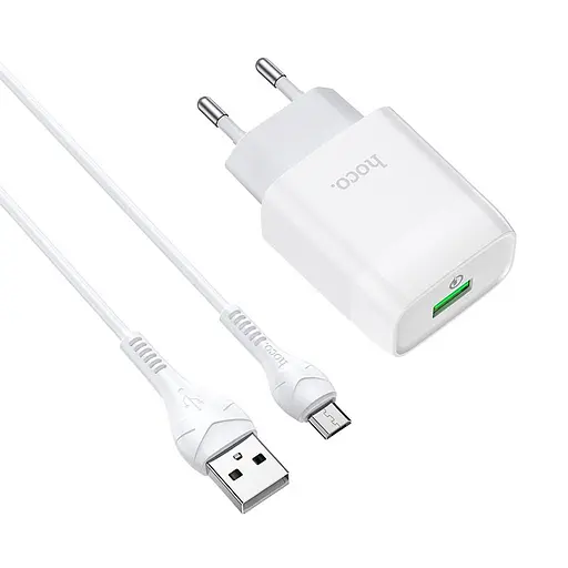 Мережевий зарядний пристрій з кабелем Hoco C72Q Glorious single port QC3. 0 charger set(Micro) 18W білий - фото 3