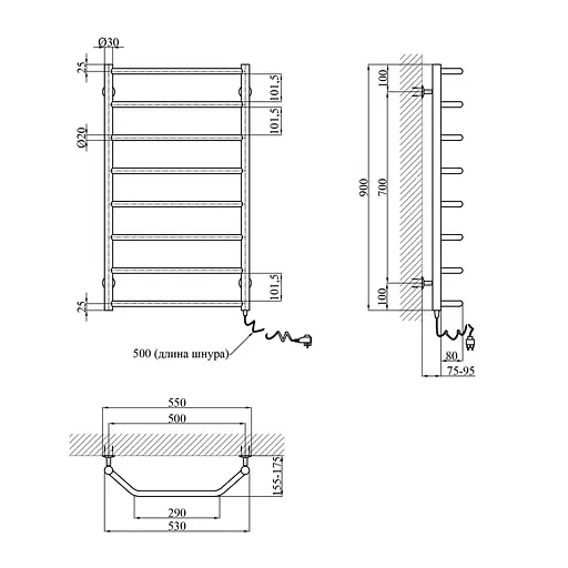 Полотенцесушитель электрический Kroner Трапеция ДТER 900x500/8 ER CV026137, Хром, Правое - фото 2