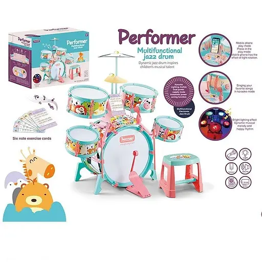 Детская музыкальная барабанная установка Q 532 B с микрофоном и подсветкой, караоке, пианино, подключением к телефону - фото 2