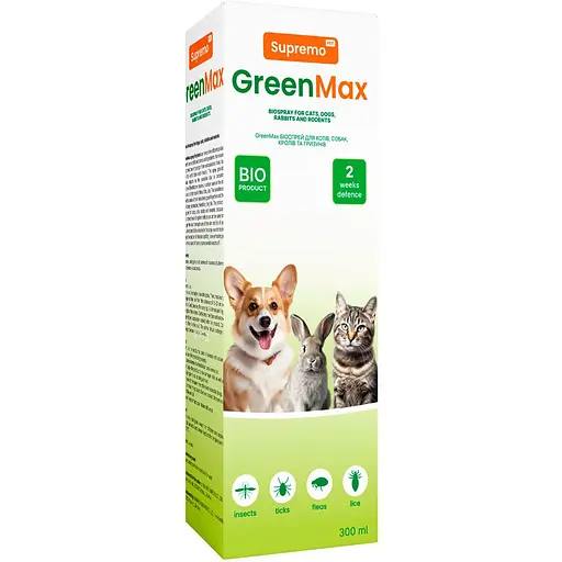Біоспрей Supremo GreenMax для собак, котів, кролів та гризунів захист від паразитів на натуральній основі з диметиконом 300 мл