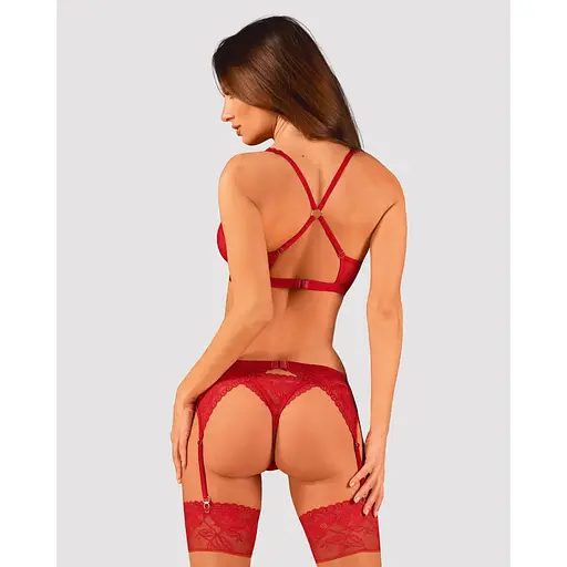 Комплект білизни Obsessive Lacelove cupless 3-pcs set M/L Red, бюстгальтер, стрінги, пояс для панчіх - фото 2