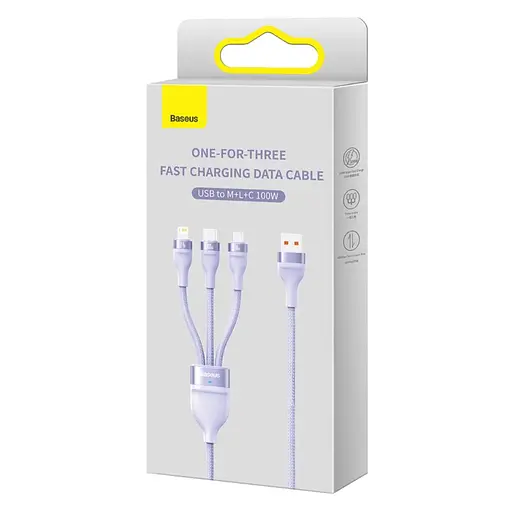 Кабель Baseus Flash Series Ⅱ One-for-three Fast Charging Data Cable USB to M+L+C 100W 1.2m Purple - фото 2