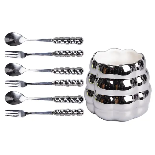 Набір десертних вилок та ложок Yiwu з порцеляновою підставкою сріблястий HP-20-61