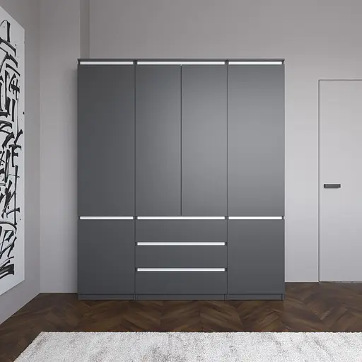 Шкаф со штангой и полками, комплект из 2 пеналов с полками и 1 шкаф со штангой с 3 шухлядами R9+R22-2 Антрацит-Белые планки