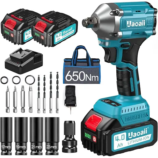 Електричний ударний гайковерт Awawei із акумулятором 650 Нм, 2 шт. 4000 мАг та пристроєм для швидкої зарядки, ударний гайковерт