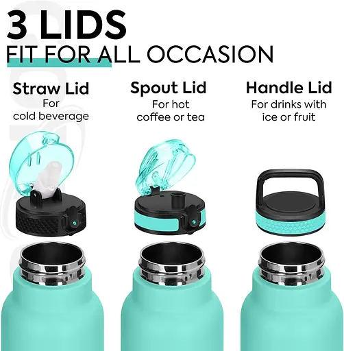24-унционная изолированная бутылка для воды GOPPUS с соломкой, спортивная бутылка для воды из нержавеющей стали с 3 крышками - фото 5