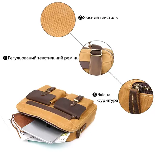 Портфель Vintage зі шкіряними вставками 37х28х8 см sum0027464 - фото 4