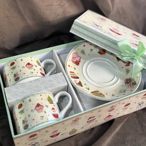 Кавовий набір із блюдцями Різдво кераміка в подарунковій коробці 160 мл Бежевий 2 чашки - фото 7