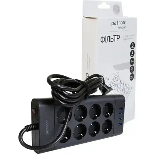 Фильтр сетевой Patron, 8 розеток, 3 м, черный, 4xUSB (3.1A), 16А, до 4 кВт, выключатель, заземление, 3x1.5 мм² (SP-1683-USB) - фото 1