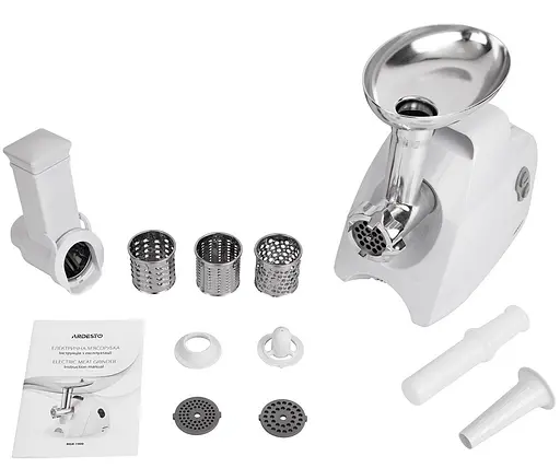 М'ясорубка Ardesto MGK-1900, White, 1900Вт, 1.8 кг/хв, 3 диски для помелу, насадка для домашніх ковбасок та кеббе, 4 насадки для терки та шатківниці, реверс - фото 2