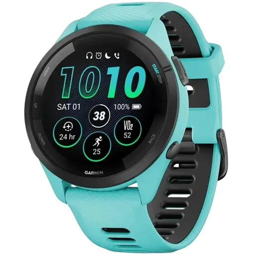 Смарт-часы Garmin Forerunner 265 корпусом цвета аква с черным безелем и черным силиконовым ремешком