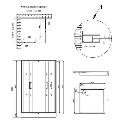 Набор: Qtap душевая кабина Taurus BLA1099SC6 Clear 2020x900x900 мм + поддон Tern 309912C 90x90x12 см с сифоном, Черный, Универсальная, прозрачная - фото 2