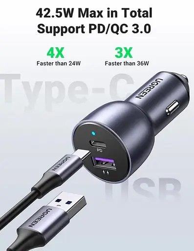 Зарядный адаптер для авто UGREEN CD213 2 порта C+U 52.5W серый - фото 4