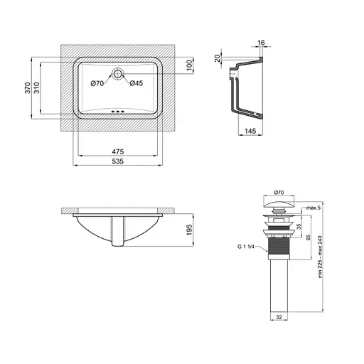 Умивальник Qtap Stork врізний прямокутний 530x370x200 мм White + донний клапан PU02O, Білий - фото 2