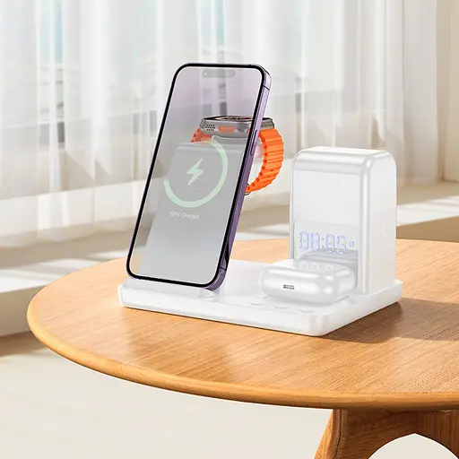 Бездротовий зарядний пристрій Hoco CQ9 3в1 з годинником білий - фото 2