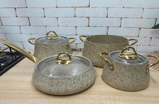 Набір кастрюль O.M.S. Collection 3041 з гранітно-мармуровим покриттям Пісочний (Туреччина) - фото 2
