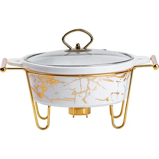 Мармітниця  Yiwu порцелянова кругла 1 л зі скляною кришкою золотий мармур HP1037 - фото 1