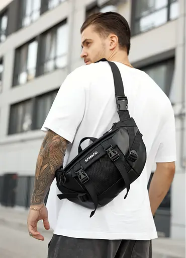 Большая мужская сумка бананка Sambag DynamicDart черная тканевая 38 × 21 × 7 см (80411701m) - фото 4