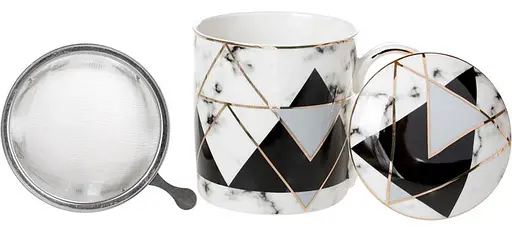 Кухоль порцеляновий з металевим ситом BonaDi Мармурова геометрія 380 мл (331-733) - фото 2