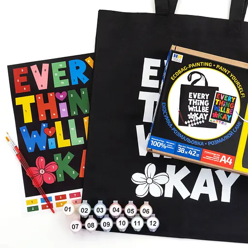 Набір екосумка-розмальовка "Everything will be okay" 38х42см чорна бавовна 200г/м2 ROSA Talent - фото 5