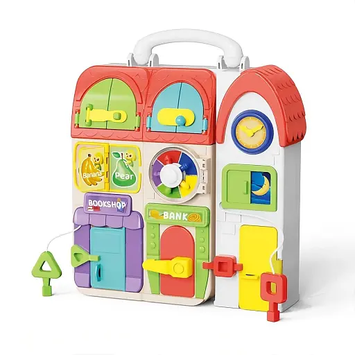 Бізіборд XQS 2069 A, інтерактивний будиночок з замочками, підсвічуванням та озвученням англійською й іспанською