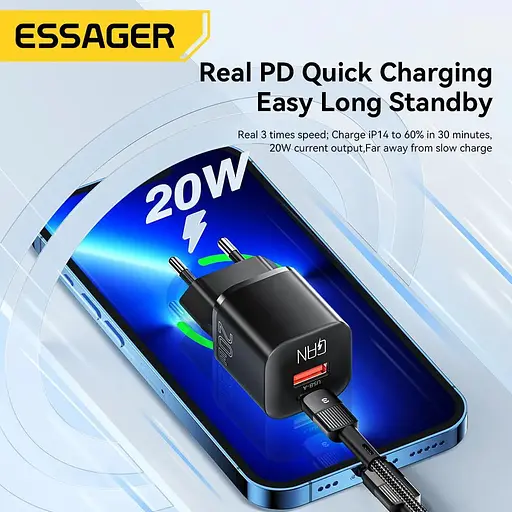 Зарядное устройство Essager GaN mini Type C PD + USB QC3.0 20W - фото 3