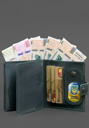 Кожаная обложка-портмоне для удостоверения офицера ГНСУ с карманом для жетона 11.3 зеленая Crazy Horse - фото 5