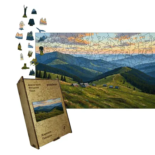 Дерев'яний фігурний пазл Карпати, А4, Картонна коробка 100 елементів