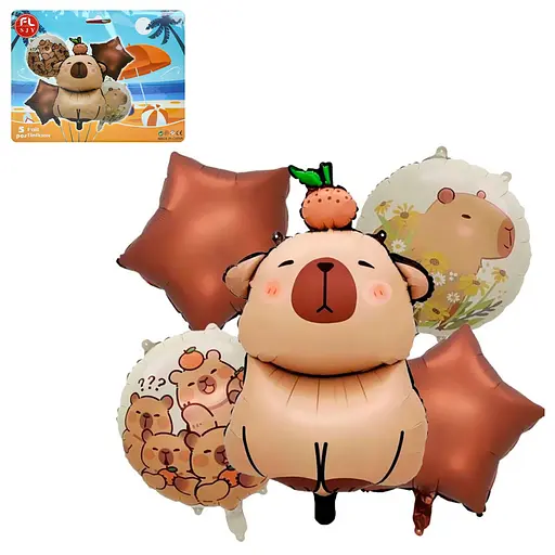 Повітряні кульки набір 5 шт. (Капібара 70 см, куля 2 шт. 43 см, зірка 2 шт. 41 см), 22x16.5x0.5 см