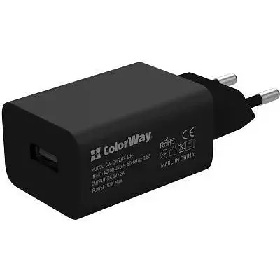 Мережевий зарядний пристрій ColorWay, чорний, 1xUSB, 2A, 10W, кабель Lightning (CW-CHS012CL-BK) - фото 1