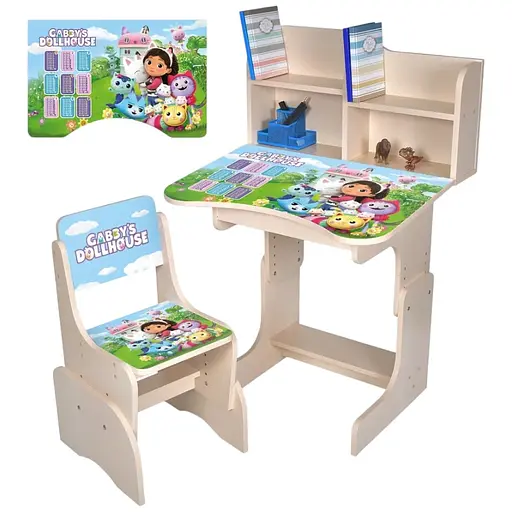 Дитяча парта Bambi N 2071-20-2 Gabby's Dollhouse з таблицею множення та стільчиком світлий венге
