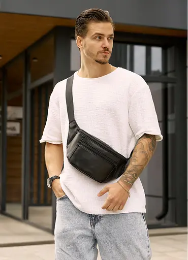 Большая мужская кожаная сумка на пояс бананка Sambag Tirso Max черная 38×17×6 см (81341101m) - фото 1