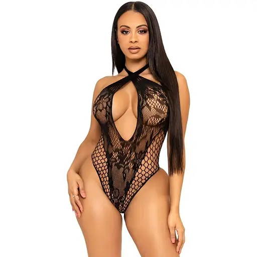 Кружевное тедди Leg Avenue Lace and net halter teddy One size Black глубокий вырез халтер