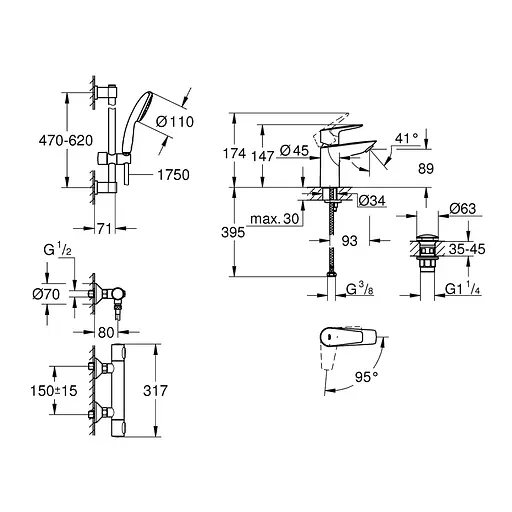 Набор смесителей Grohe Quickfix термостат для душа с душевым гарнитуром Precision Flow THM и смеситель для раковины StartEdge S-Size UA202503TE Хром - фото 2