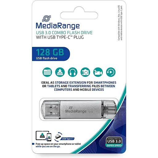 Флеш-накопичувач MediaRange USB 3.0 combo flash drive, with USB Type-C plug, 128GB (MR938) - фото 1