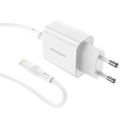 Зарядный - Адаптер сетевой BOROFONE Type-C to Lightning cable Easy Speed ​​single port charger BA57A набор белый - фото 3