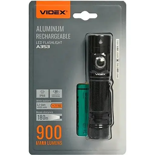 Фонарь ручной Videx A353, черный, 900 Лм, 5000K, до 180 м, 4 режима работы, линзы из закаленного стекла, светодиод Luminus SST40 - фото 1